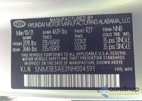 2022 Hyundai Tucson Sel z USA, uszkodzony, nr VIN 5NMJB3AE2NH004391